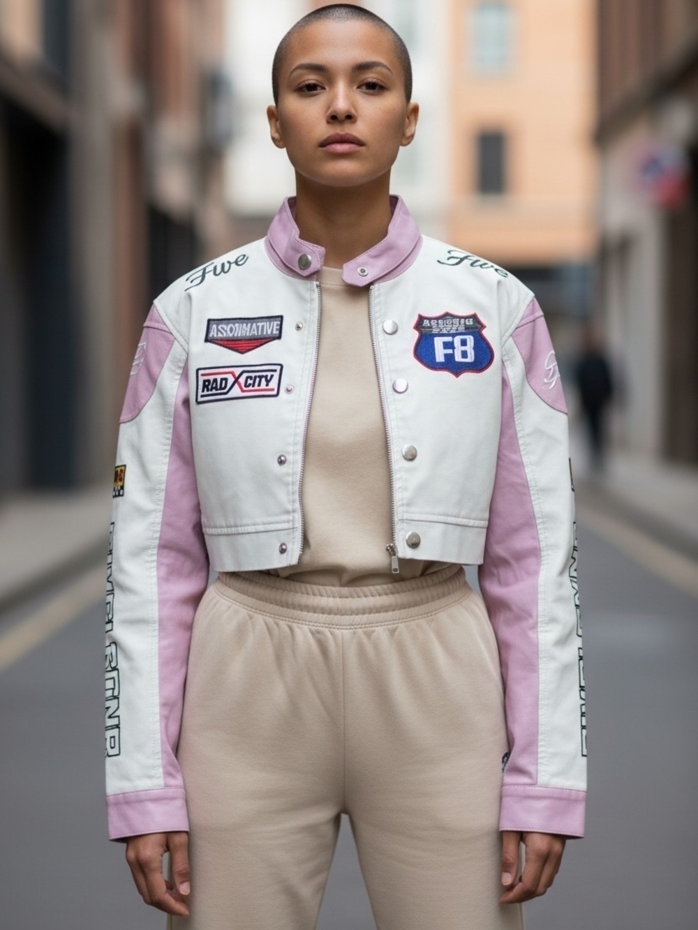 Aelfric Eden Pink White Moto Racing Jacket M Y2K Crop Biker Streetwear